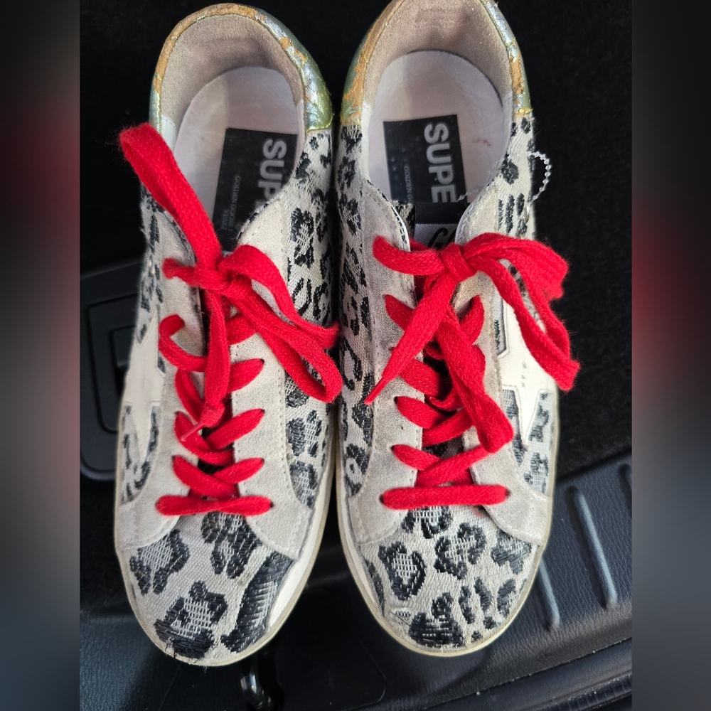 Golden Goose Leopard Print Superstar Sneakers With Gold Accents Size 35